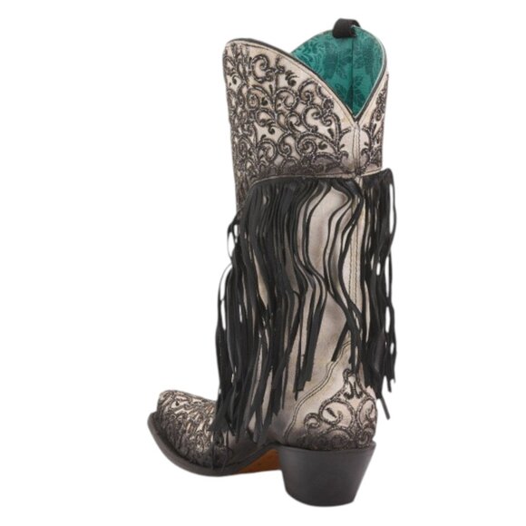 CORRAL BOOTS Made In Mexico Leather Lamb Overlay Embroidery Fringe Western Boots - Picture 2 of 3